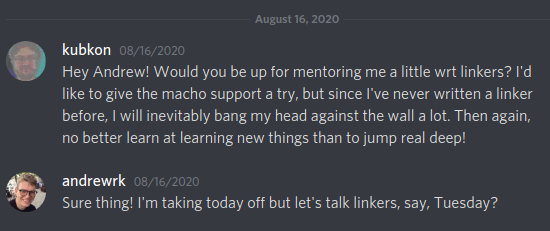 Chat messages of Jakub asking Andrew for mentoring on linkers